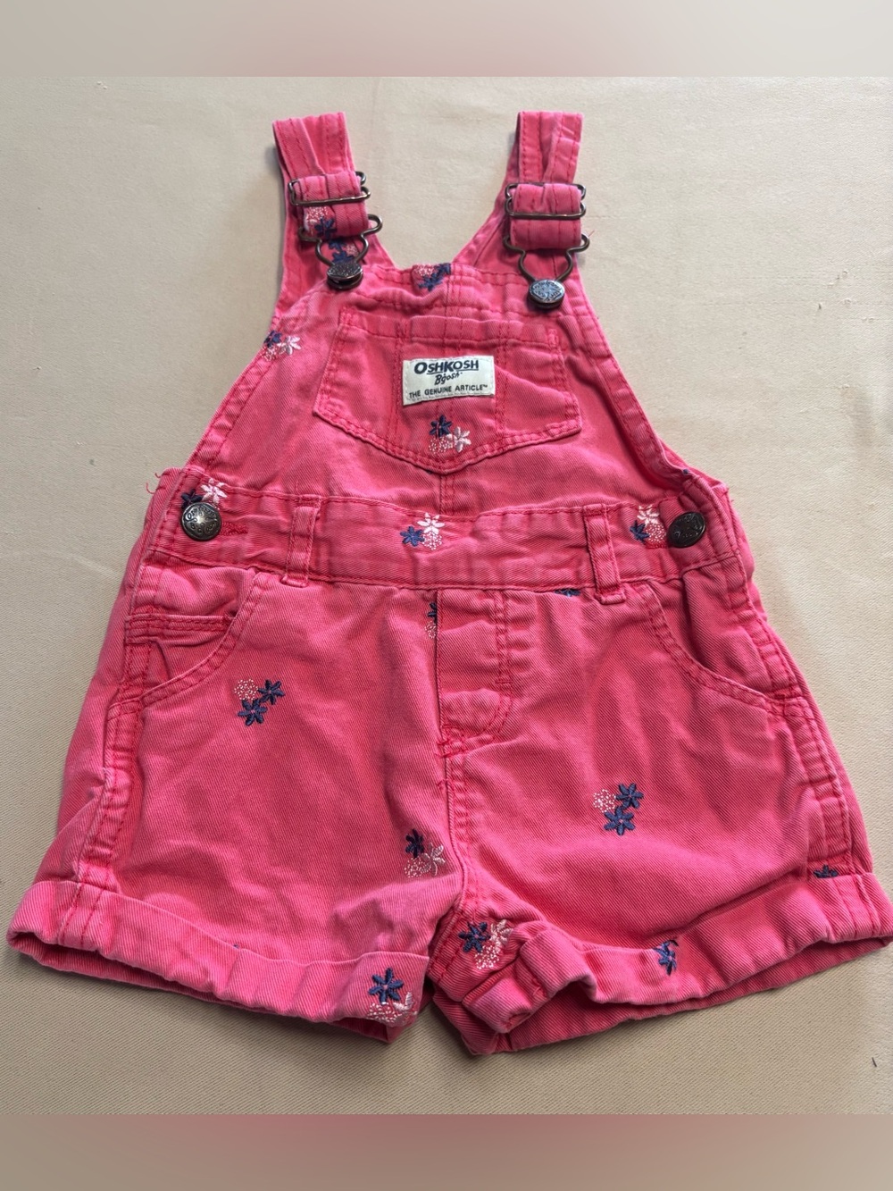 OshKosh Bgosh Baby Girl Overall Shorts 9 Months Dark Pink Flowers Embroidered